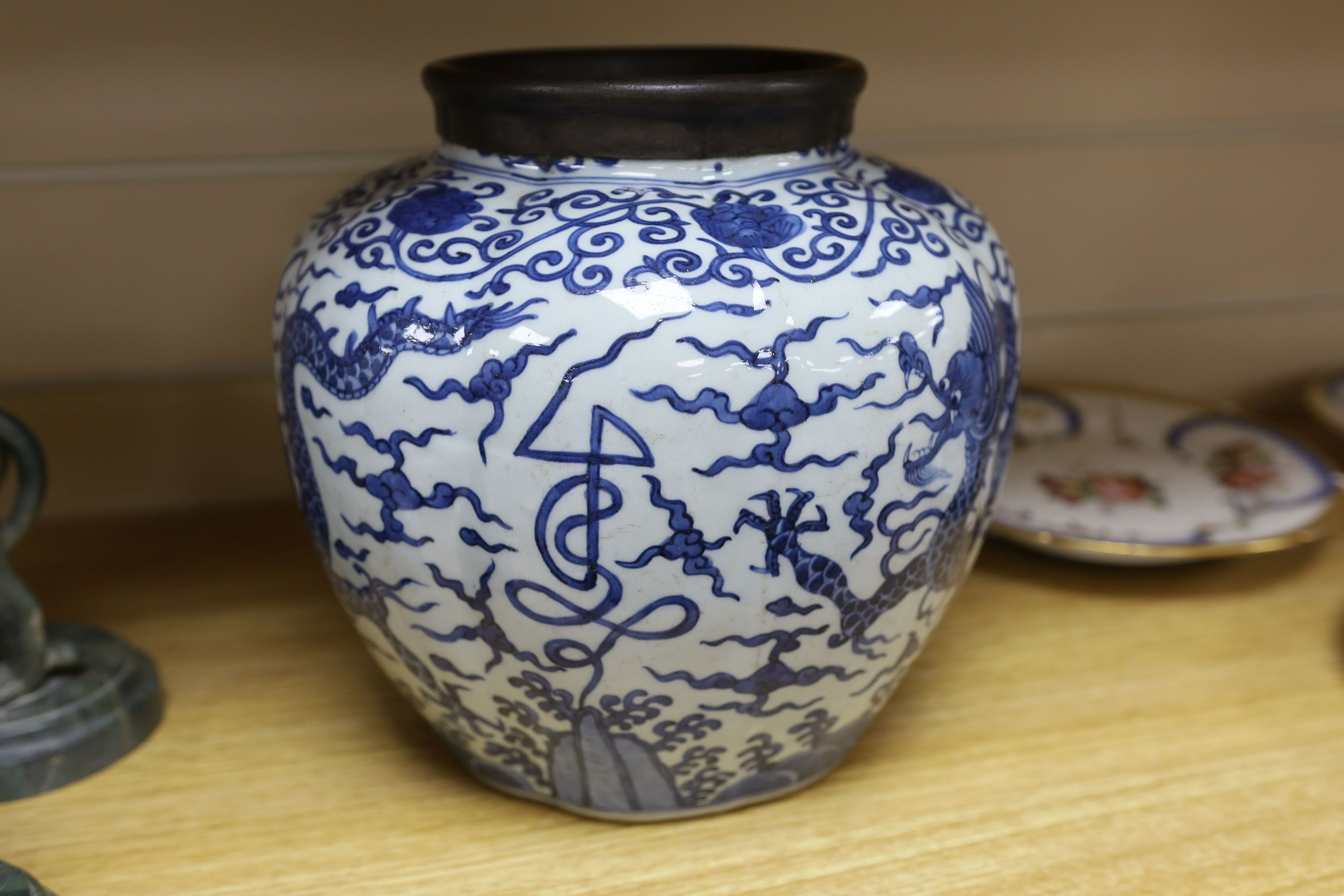 A Chinese blue and white ‘dragon jar, Wanli mark and possibly of the period, 23 cm high